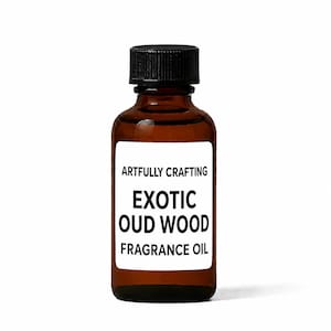 Amber glass bottle of Exotic Oud Wood Fragrance Oil with a matte black cap and white Artfully Crafting label