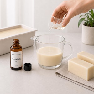 Artfully Crafting fragrance oil being measured and poured into melted soap base beside finished soap bars