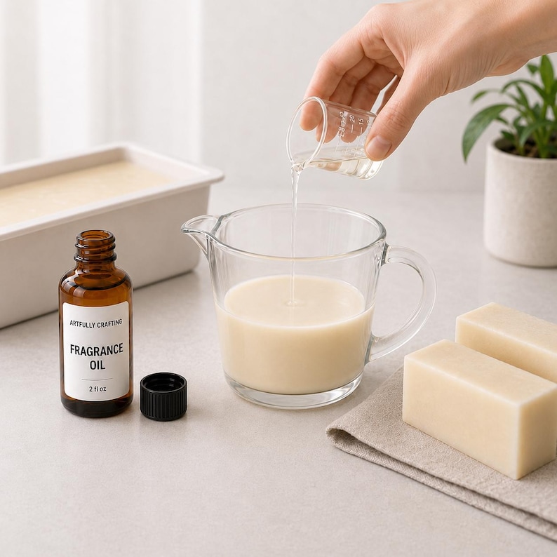 Artfully Crafting fragrance oil being measured and poured into melted soap base beside finished soap bars