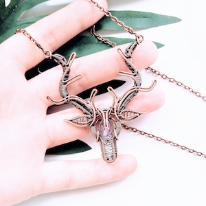 Wire Stag Necklace/100% Copper Wire Wrapped Shimmering Purple Glass Stag Necklace/Animal Jewelry