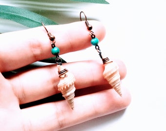 Wire Wrapped Shell Earrings/100% Copper Wire Wrapped Jasper & Sea Shell Earrings/Shell Jewelry