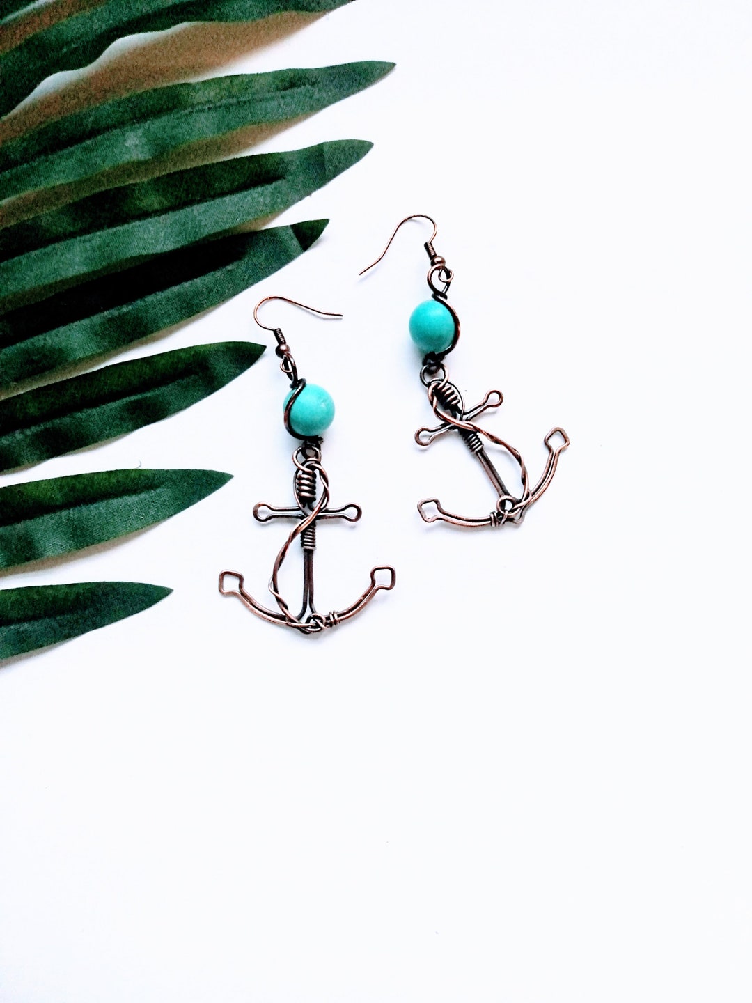 Anchors Aweigh Turquoise Earrings/100 Copper Wire Wrapped Dangle Drop