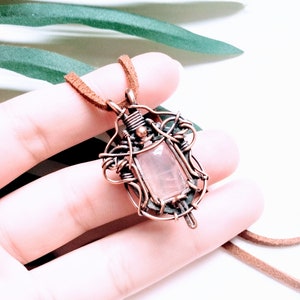 Rose Quartz Necklace/100% Copper Wire Wrapped Boho Rose Quartz Gemstone Pendant/Intricate Jewelry