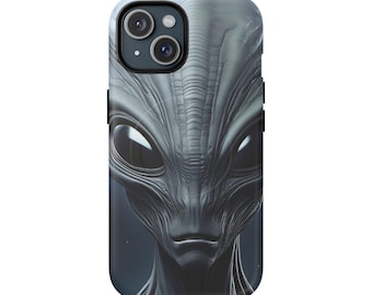 Funda para iPhone con diseño de cara de alienígena gris, magnética, compatible con MagSafe y de doble capa.