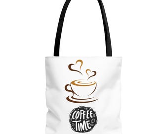 Bolso de mano con diseño de granos de café y taza de café, corazones de amor, marrón claro, verano, lona de algodón.
