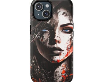 Ciemny portret z niebieskimi oczami, czerwone etui na iPhone'a, magnetyczne, Magsafe, dwuwarstwowe
