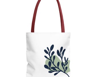 Bolso tote minimalista azul marino oliva con diseño botánico de hojas y ramas, de lona de algodón.