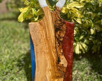 Patriotic red, white, and blue pigmented charcuterie board with beautiful olive wood, Charcuterie Board, July 4th Board