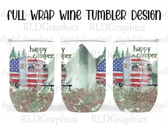 Happy Camper Tumbler Sublimation Design, Full Wine Wrap Happy Camper Camping Tumbler Graphic PNG Digital Download With Commercial License