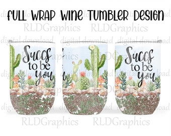 Cactus Full Wine Wrap Tumbler Sublimation Designs Downloads, Succulent Tumbler Graphic PNG Digital Download With Commercial License