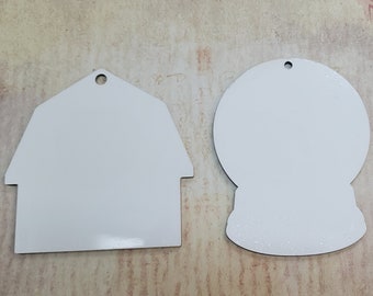Sublimation Ornament Blanks, Two Sided White MDF Ornaments, Set of 5 Double Sided Blank Ornaments, MDF Barn Ornament, MDF Snowglobe Ornament