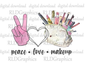 Peace Love Makeup Sublimation Design Downloads, Makeup Bag Graphic PNG Digital Download With Commercial License, Cosmetic Bag Design