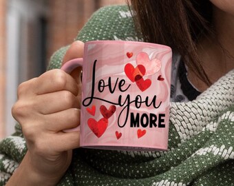 Love You More Coffee Mug, Pink Marbled Ceramic Cup