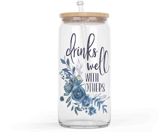 Drinks Well With Others Glass Cup with Lid, Iced Coffee Cup, 16 oz Glass Tumbler with Bamboo Lid and Straw, Floral Glass Tumbler with Lid