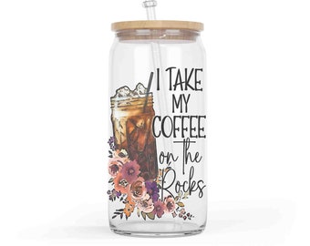 Iced Coffee Glass with Lid, 16 oz Glass Tumbler with Bamboo Lid and Straw, Beer Can Glass, Glass Can Tumbler with Lid, Coffee on the Rocks