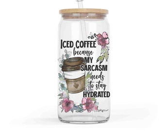 Iced Coffee Glass with Lid, 16 oz Glass Tumbler with Bamboo Lid and Straw, Funny Coffee Mug, Iced Coffee Glass Tumbler