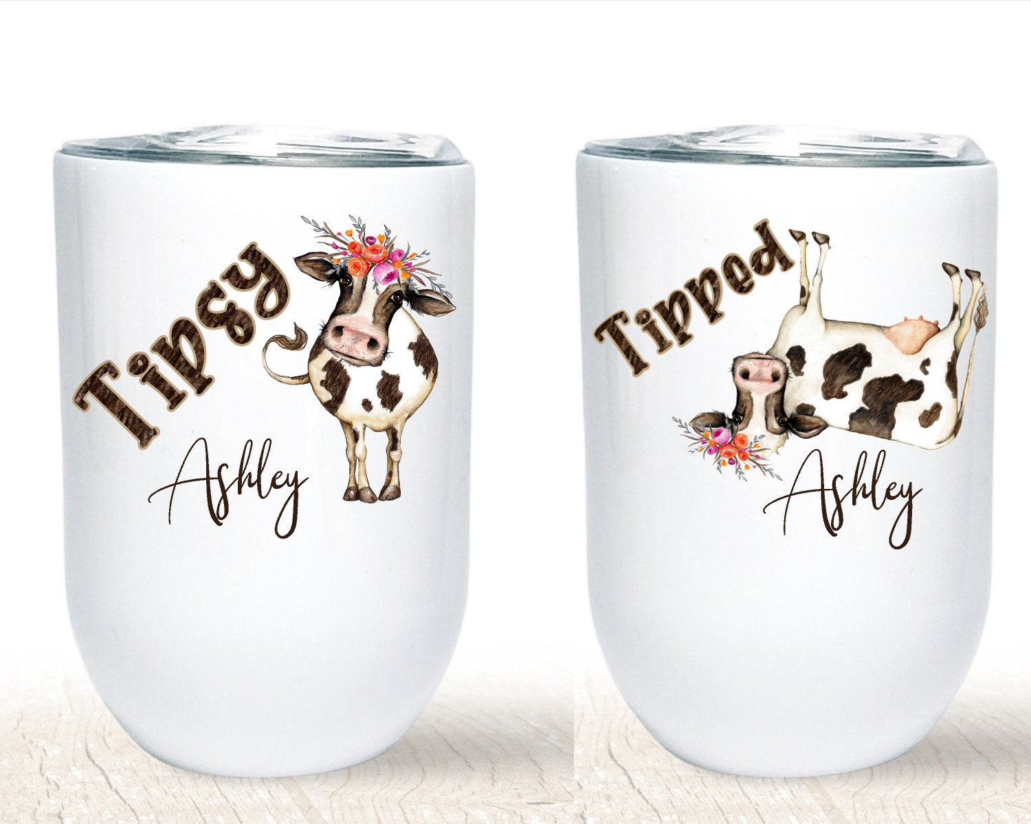 Drinking Divas 'Tipsy' and 'Tipped' Wine Glasses - Set of 2 Stemless Non-Rolling, Flat Bottom 15oz Tumblers with Sayings | Cute & Funny Cow Gifts
