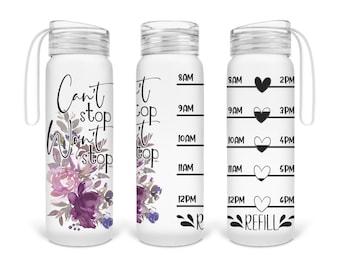 Motivational Glass Water Bottle with Tracker: Floral Design, 17 oz