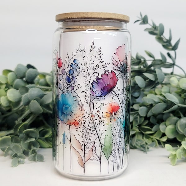 Wildflower Glass Iced Coffee Cup: 16 oz Tumbler with Bamboo Lid & Straw