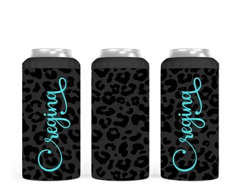 Personalized Leopard Print Tumbler, 4 in 1 Can Cooler, Personalized Metal Can Holder, Skinny Can Cooler, Personalized Name Can Hugger