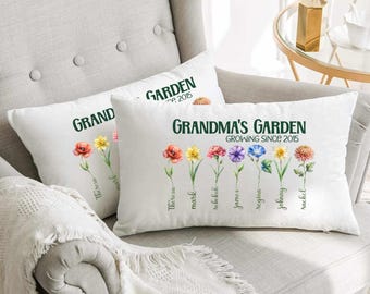 Custom Birth Flower Garden Pillow | Grandma's Family Flowers with Grandkids Names | Personalized Mom Gift