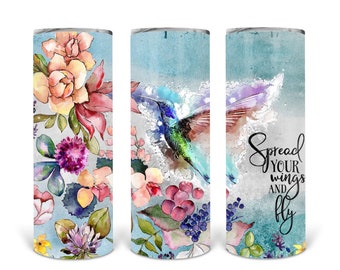 Watercolor Hummingbird Skinny Tumbler, 20 ounce Stainless Steel Insulated Tumbler, Womans Cup with Sliding Lid, Spread Your Wings And Fly