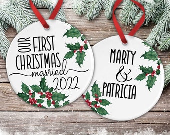 First Christmas Married Ornament, Newlywed Ornament, Our First Christmas Ornament, Personalized Mr & Mrs Wedding Ornament 2 Sided Ornament