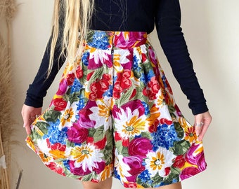 High waisted floral cotton viscose shorts // made in india