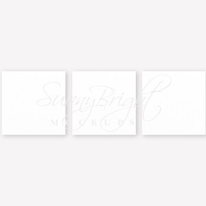 May include: Three blank white square canvases arranged horizontally. The canvases are textured and have a subtle white background. The text "Sunny Bright Mockups" is written in a cursive font in the centre of the middle canvas.