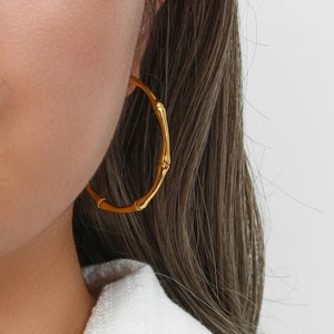 Stainless Steel Yellow Gold Bamboo Hoop Earrings