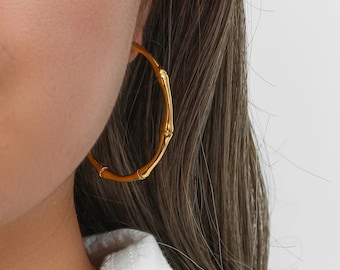 Stainless Steel Yellow Gold Bamboo Hoop Earrings