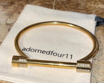 Stainless Steel Gold Plated Screw Cubic Zircon Bracelet Bangle