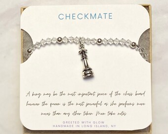 Chess Player Charm Bangle Chess Piece Jewellery Chess Gift Personalised Initial & Birthstone Crystal Queen Chess Piece Bracelet