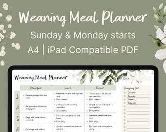 Planificador de comidas de destete imprimible, diario de destete semanal, rastreador de comidas, diario de destete, planificador de comidas para bebés, ¡lista de compras ADICIONAL!