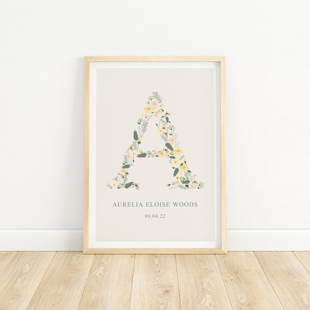 Custom Name Floral Initial Nursery Print - Personalised Wall Art for ...