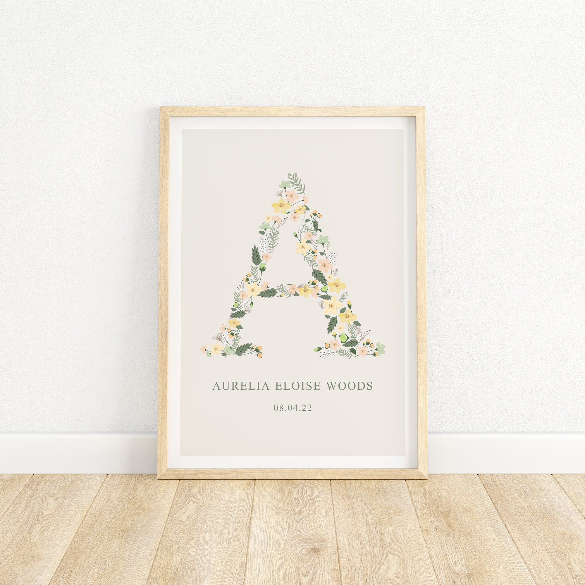 Custom Name Floral Initial Nursery Print - Personalised Wall Art for ...