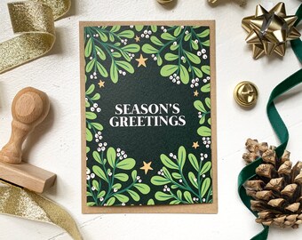 Handmade Mistletoe & Stars Christmas Card, Luxury Christmas Card, Season's Greetings Christmas Card