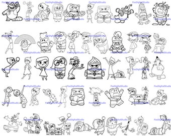 May include: Black and white line art illustrations of characters from the animated film Inside Out. The characters include Joy, Sadness, Anger, Fear, and Disgust. The illustrations are in various poses and expressions.