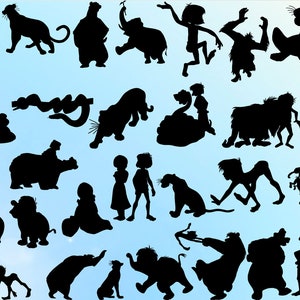 Puede incluir: Una colección de ilustraciones en silueta negra de personajes y animales de una película de animación clásica. Las imágenes incluyen un niño, una pantera, un oso, un elefante, una serpiente y otras criaturas de la selva.