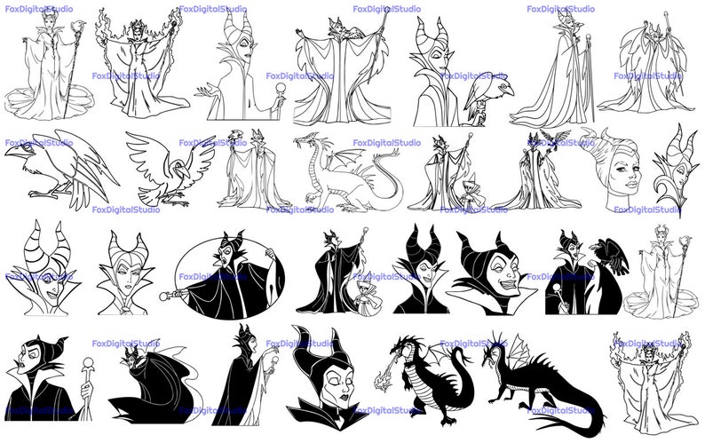 May include: A collection of black and white illustrations featuring the Disney villain Maleficent in various poses. She is depicted as a sorceress, a dragon, and with her raven.