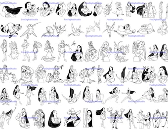 May include: A collection of black and white line art illustrations featuring a Native American princess character. The illustrations depict the princess in various poses and settings, including with a raccoon, a hummingbird, and a bear.