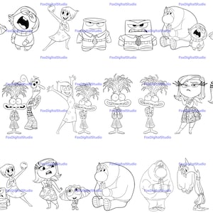 Puede incluir: Ilustraciones en blanco y negro de personajes de la película animada Inside Out. Los personajes incluyen Alegría, Tristeza, Miedo, Ira, Asco, Bing Bong y el panel de control.
