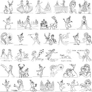 Può includere: Una collezione di illustrazioni in bianco e nero che raffigurano personaggi e scene di un popolare film d'animazione. Le immagini includono personaggi, un castello e testo come "shine" e "show yourself".