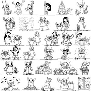 Paquete de 30 diseños de arte lineal en formato Svg/Dxf/Png/Jpg: personajes de dibujos animados, contornos para Cricut, Silhouette Studio, sublimación y arte único.