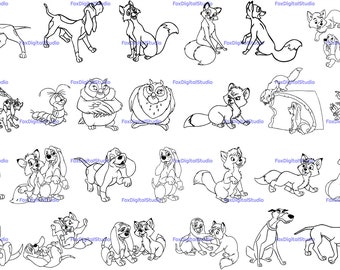 May include: Black and white line art illustrations of various characters from the animated film The Fox and the Hound. The characters include Tod the fox, Copper the hound, Chief the hound, Widow Tweed, and Big Mama.