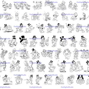 Puede incluir: Una colección de ilustraciones en blanco y negro con un pato de dibujos animados que lleva un sombrero de copa. El pato se representa en varias poses y situaciones, incluyendo caminar, sostener un bastón y llevar una bolsa de dinero.