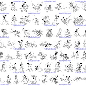 May include: A collection of black and white line drawings of a cartoon dog in various poses. The dog is depicted in different activities, such as playing fetch, running, and sitting.