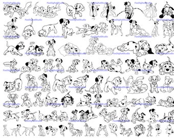 Peut inclure: Une illustration numérique en noir et blanc d'une collection de chiots dalmatiens dans différentes poses. Les chiots sont tous de tailles différentes et sont représentés dans une variété de positions ludiques et mignonnes.