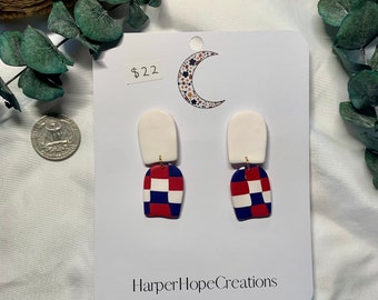 Checkered Polymer Clay Earrings, Buffalo Bills Earrings, Bills Mafia, Football Season, Football Earrings, Summer, Fall, Red, White and Blue