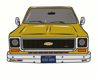 May include: Illustration of a yellow Chevrolet pickup truck, viewed from the front. The truck has a black grill, headlights, and a California license plate with the number 830 499. The image is a cartoon style drawing.